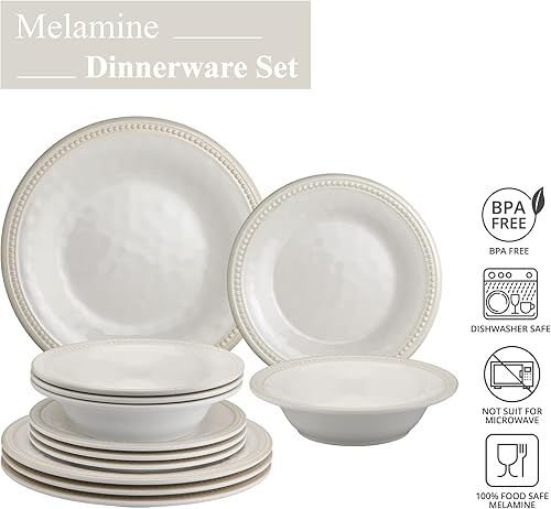 Miniatura 4 de UP ware - Juego de vajilla de melamina con cuentas de 12 piezas, juego de platos para exteriores, juegos de platos y cuencos, servicio para 4, color