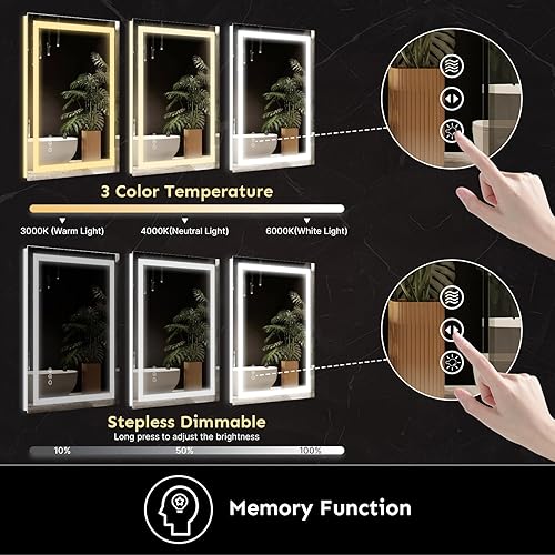 Miniatura 4 de Espejo de baño LED de 24 x 32 pulgadas con luces, antiniebla, regulable, retroiluminado y con iluminación frontal para pared, espejo de baño