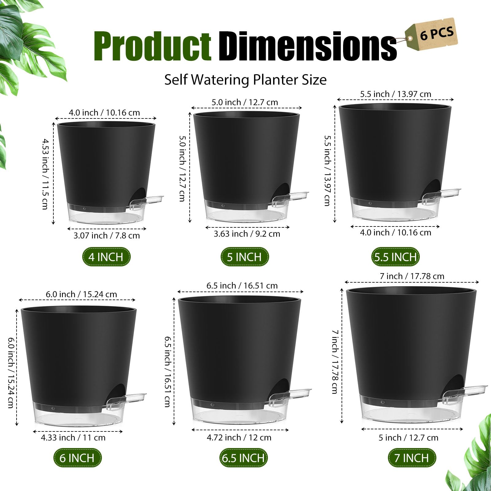 Lot de 6 pots de fleurs en plastique avec trous de drainage et soucoupes transparentes, pots de fleurs en plastique pour intérieur et extérieur (noir)
