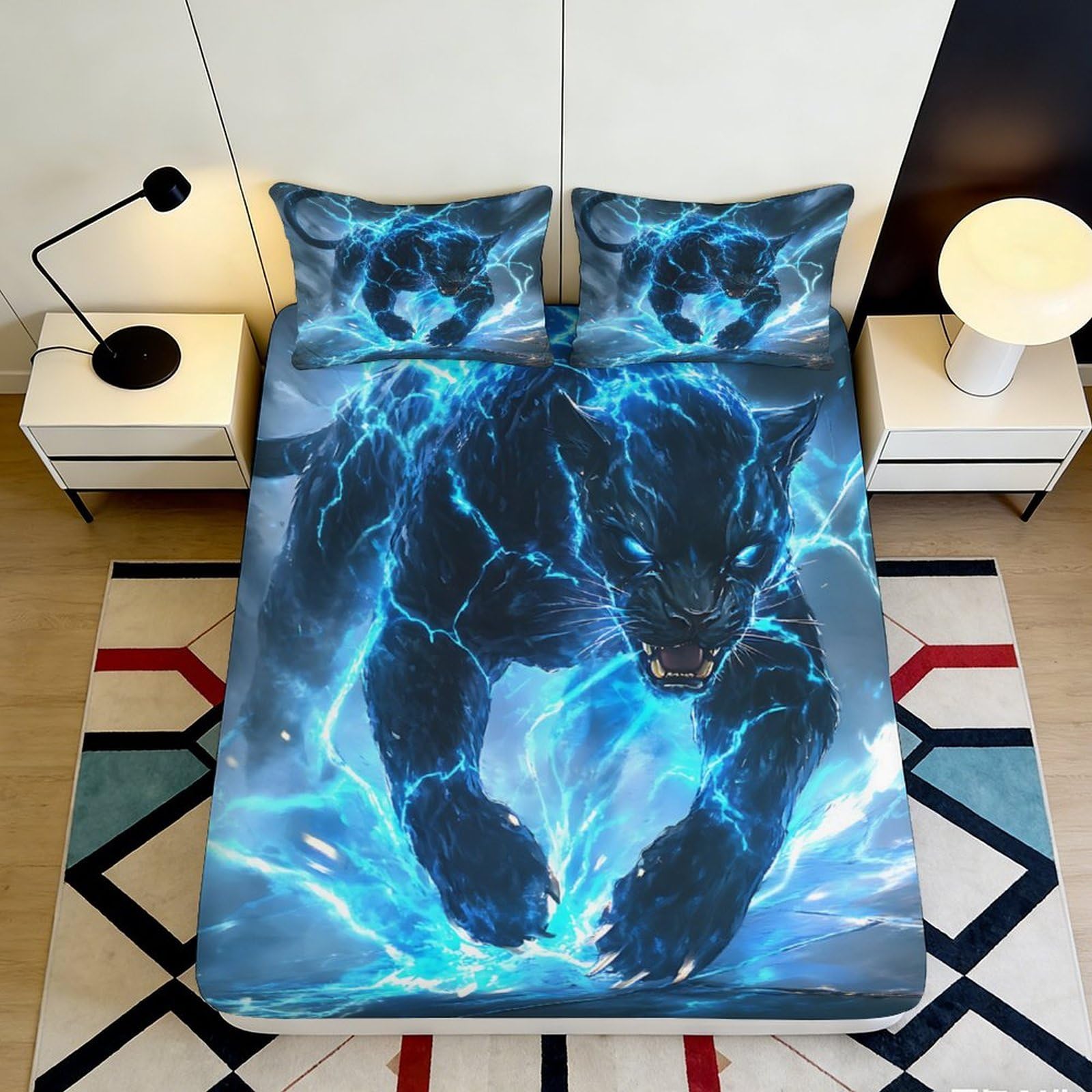 3D Printed Electric Panther Fitted Sheet Microfiber Soft Blue Lightning Wolf Mattress Cover for Bedroom Dorm Decor 90x200x25cm