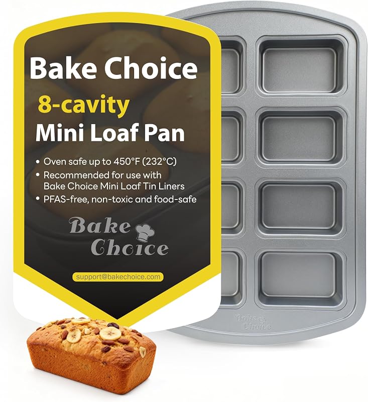 Bake Choice Mini molde para pan, juego de moldes para hornear de acero al carbono antiadherentes de 8 cavidades | Bandeja para hornear para pan de plátano, pan de maíz, tarta de queso, muffins, bizcocho, pastel de carne pequeño, bandeja para pan