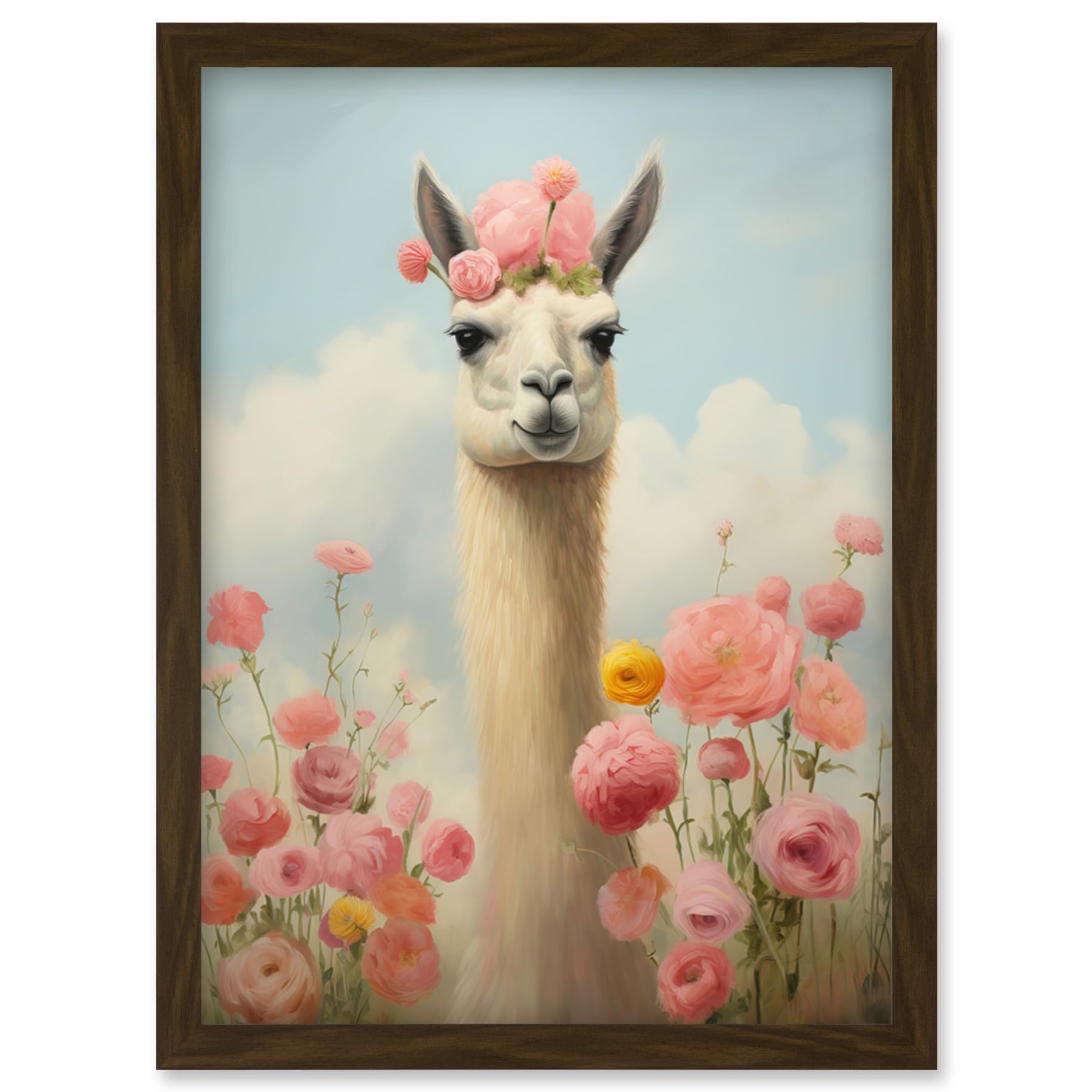Artery8 Llama and Peonies Pink Elegant Artwork Kids Bedroom Floral Portrait with Roses Artwork Framed Wall Art Print A4