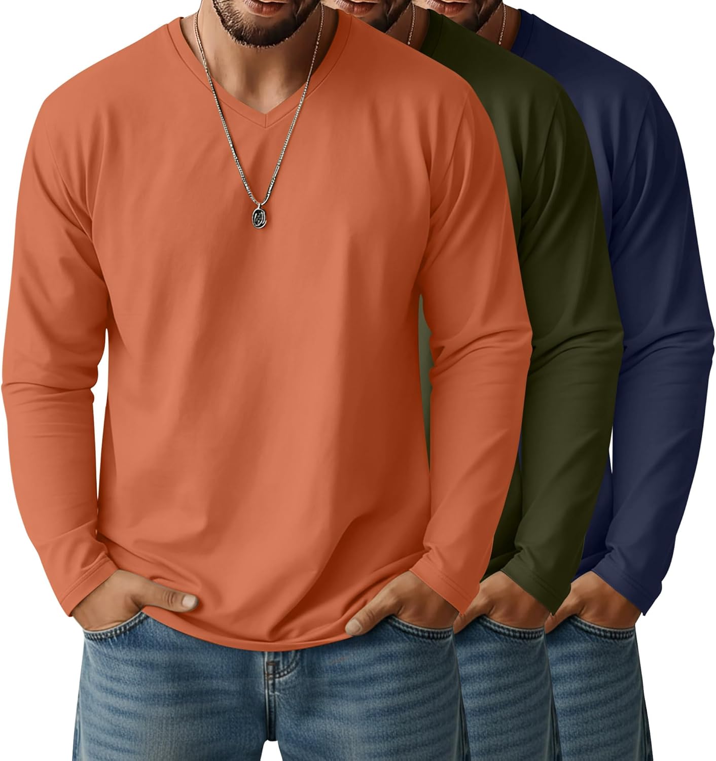 Ficerd 3 Pack Big and Tall Shirts for Men V Neck Cotton Long Sleeve Tee L-7XL Casual Loose Tops Oversized Basic T Shirts
