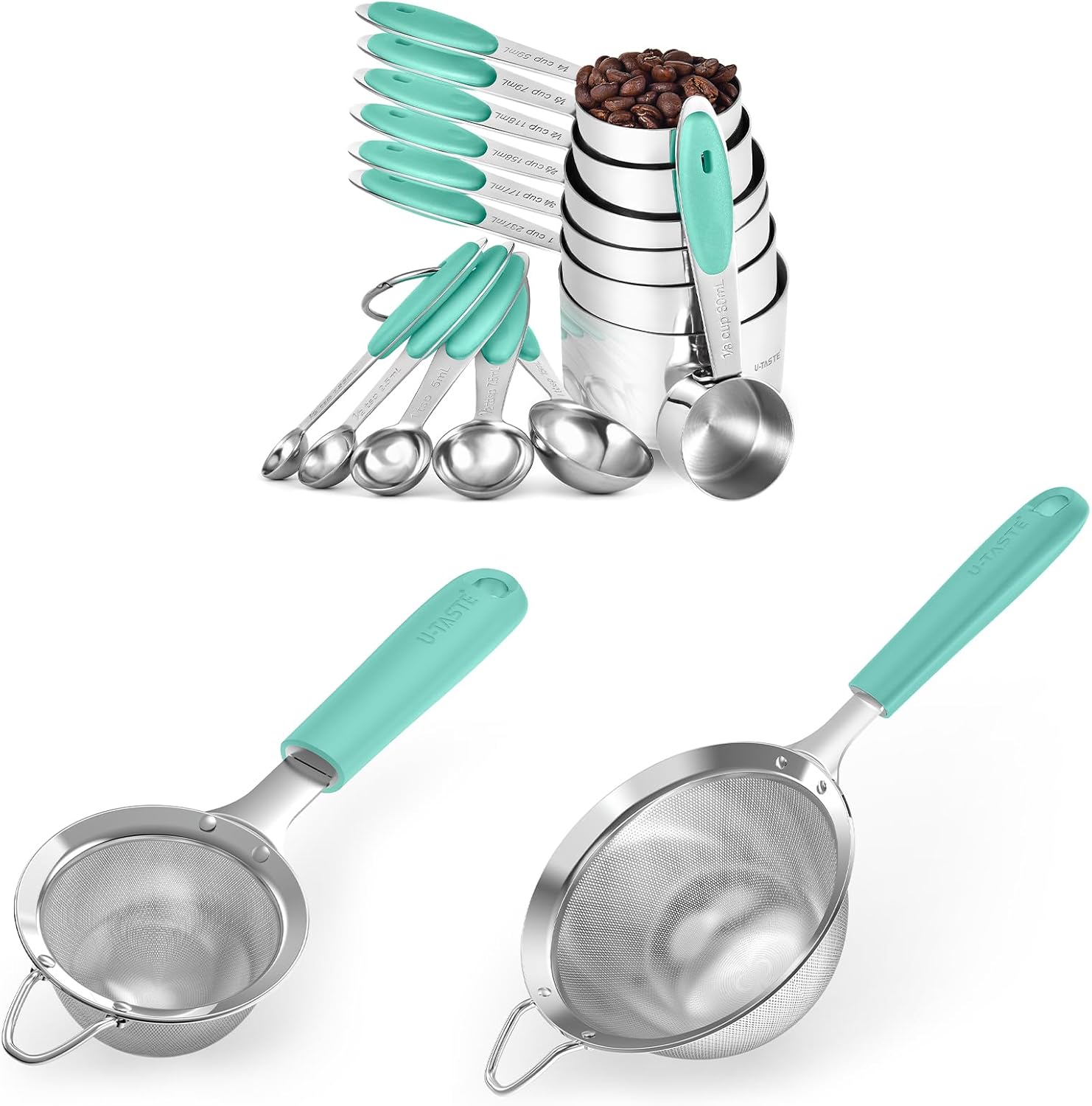 U-Taste 18/8 Stainless Steel Measuring Cups and Spoons (Set of 12, Aqua Sky), and Fine Mesh Strainer with Sturdy Riveted Silicone Handle and Strong Frame (Aqua Sky)
