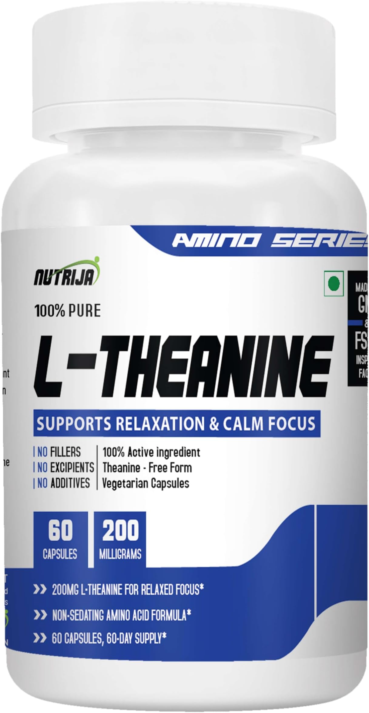 NutriJa L-Theanine 200MG 60 Capsules | Promotes natural Relaxation, Restoration and Relief of Stress | Reduces anxiety & Support Brain Health (60 Capsules), 80 grams