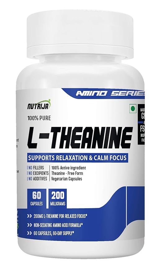 NutriJa L-Theanine 200MG 60 Capsules | Promotes natural Relaxation, Restoration and Relief of Stress | Reduces anxiety & Support Brain Health (60 Capsules), 80 grams