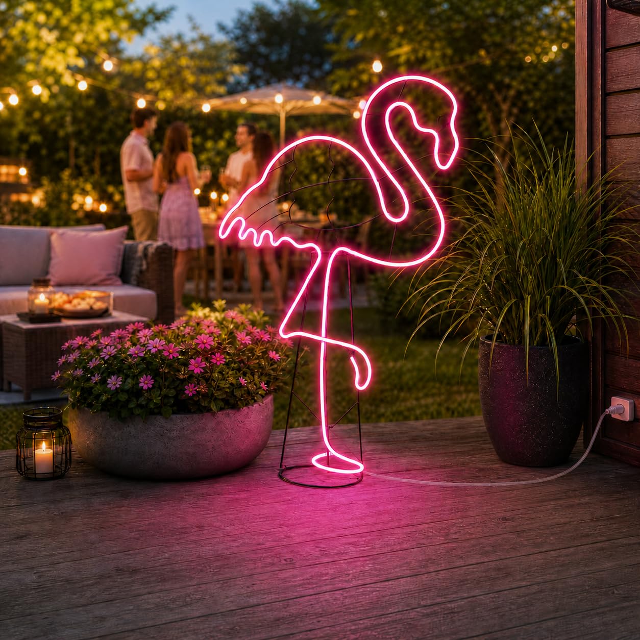 hellum Flamingo LED outdoor, Neon Flamingo mit 648 pinken LED, 115x77,5cm | XXL LED Flamingo mit 5m Zuleitung und Transformator, Flamingo Lampe outdoor mit pinkem Lichtschlauch für innen + außen 578393