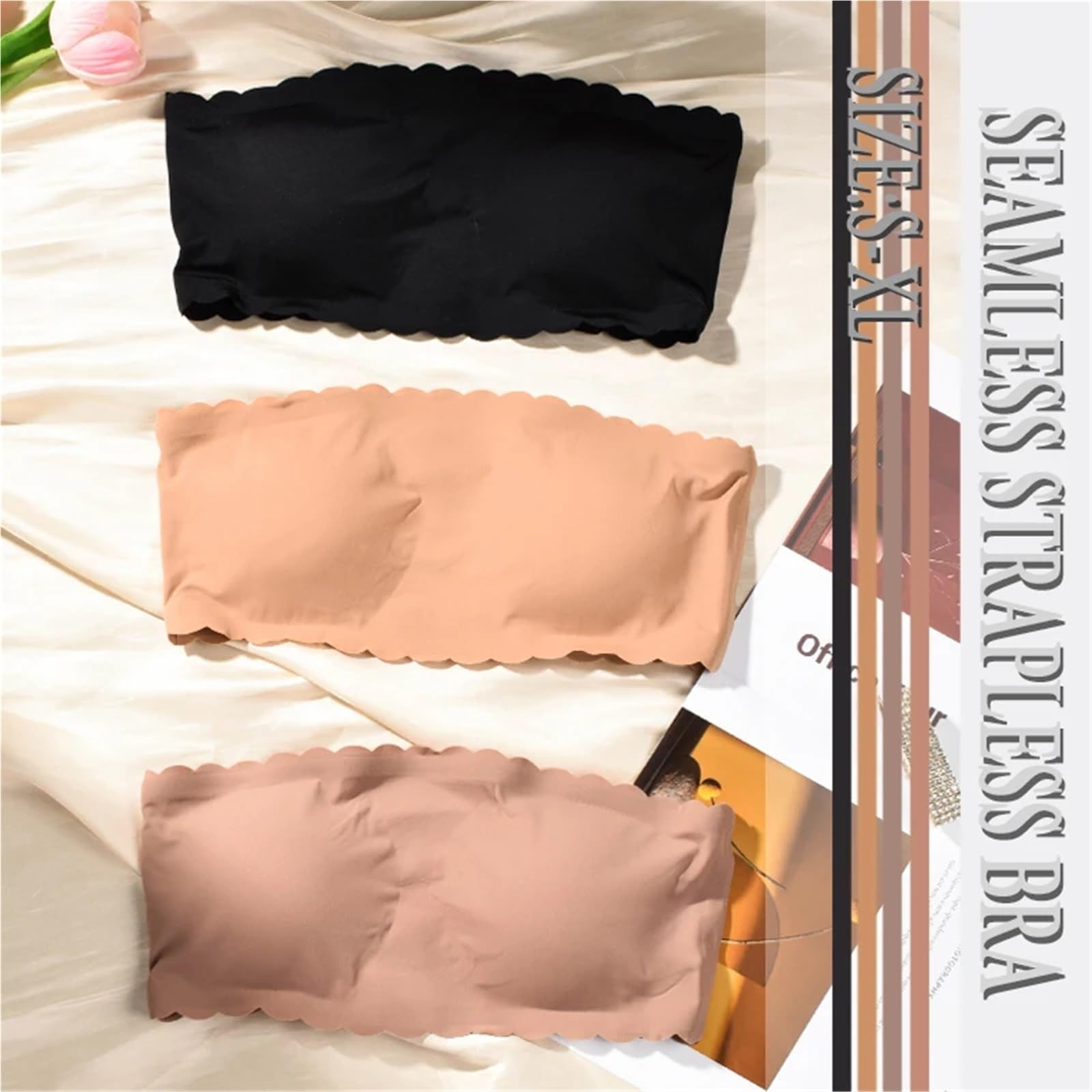 Reggiseno Invisibile Reggiseno a Tubino Senza Spalline con Bordo Ondulato, Cuciture, Scoperte, Lingerie da Donna