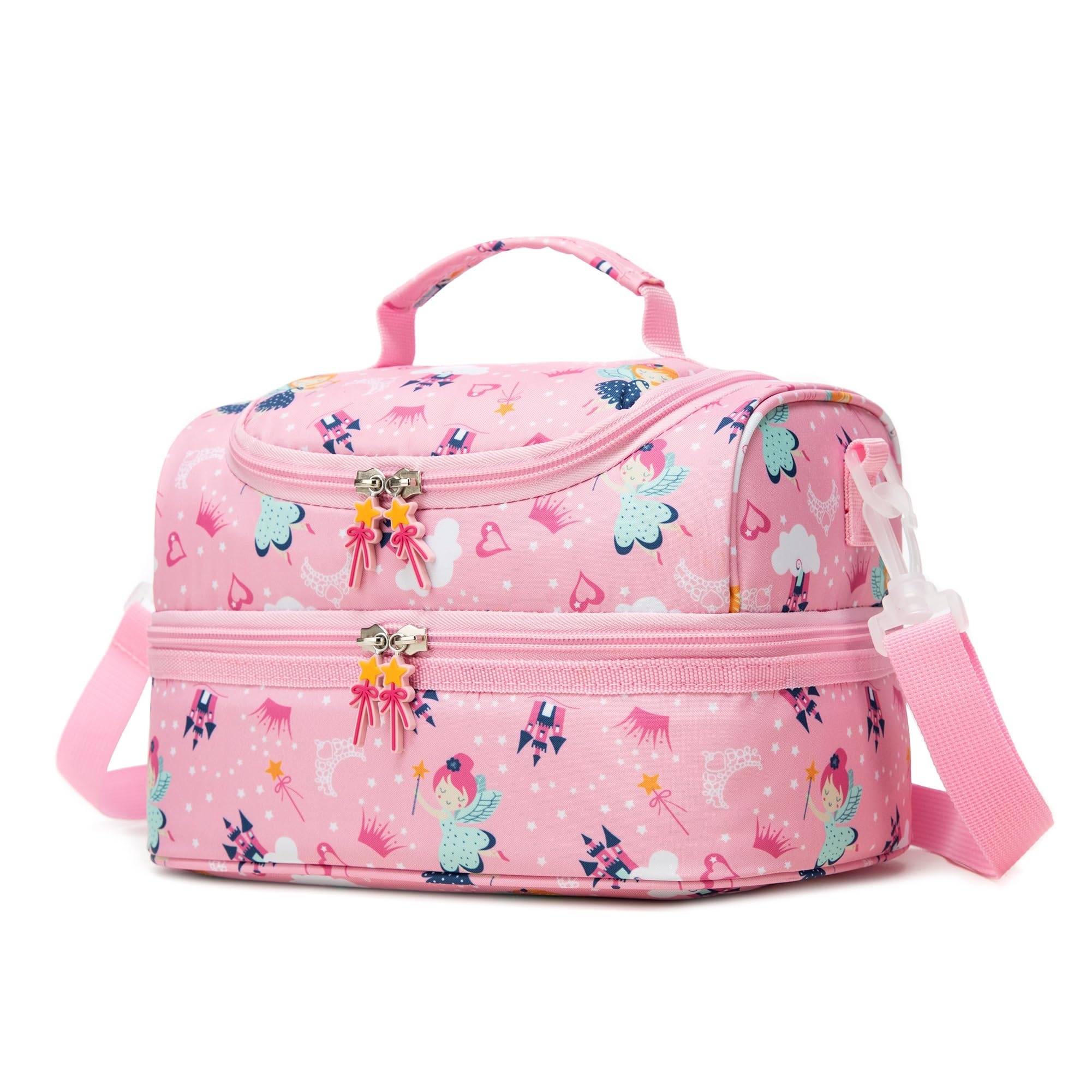 Insulated Kids Dual Compartment Lunch Bags for Girls Toddler School Daycare Cooler Lunch Boxes Bento with Strap Pink Fairy