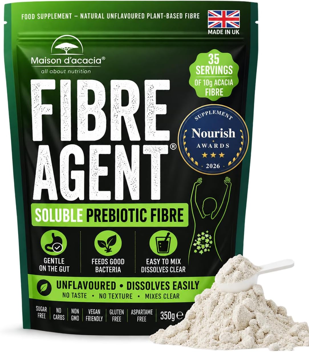 Acacia Fibre Supplement 350g 2026 Award Winning. Gentle Daily Prebiotic Regularity & Constipation Relief Unflavoured. Natural Fiber with Nothing Added. Psyllium Husk & Inulin Alternative. 35 Servings