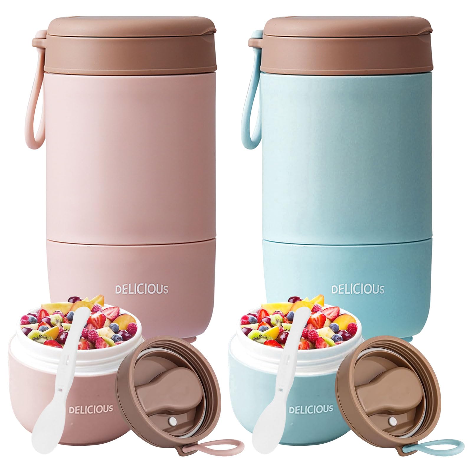 2 bicchieri per cereali To Go con coperchio, in materiale PP, per yogurt, con cucchiaio, 780 ml, tazza per cereali, doppio strato, a prova di perdite, perfetto per lavoro, scuola