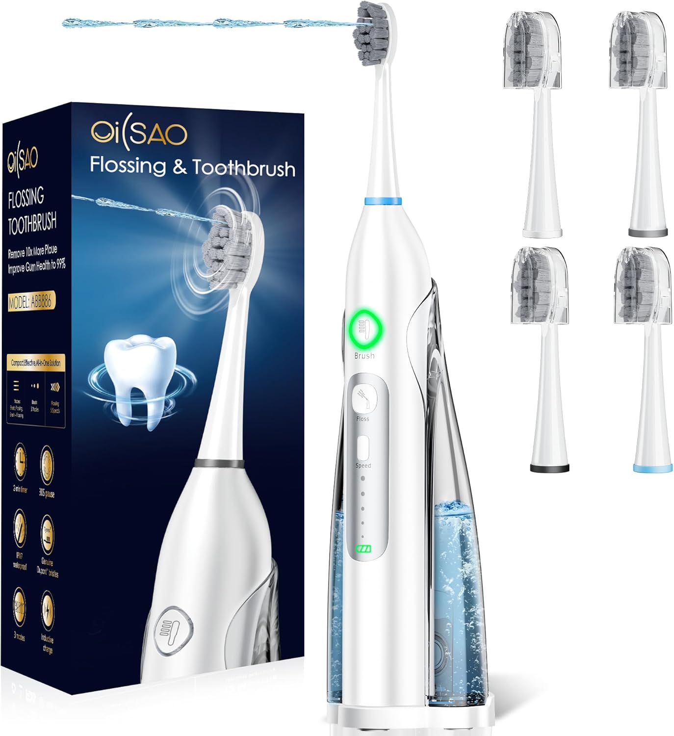 Electric Toothbrush with Water Flosser: All-in-One Oral Care with 3 Sonic Cleaning Modes, 5 Flossing Speeds, 4 Brush Heads, Portable for Adults Teeth Cleaning and Plaque Removal,White Sliver White