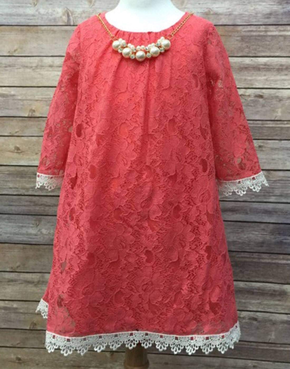 Wedding Venue ShopFloral Lace Dress - Child 2 | Coral Orange | with Pearl Necklace |1 Pc.