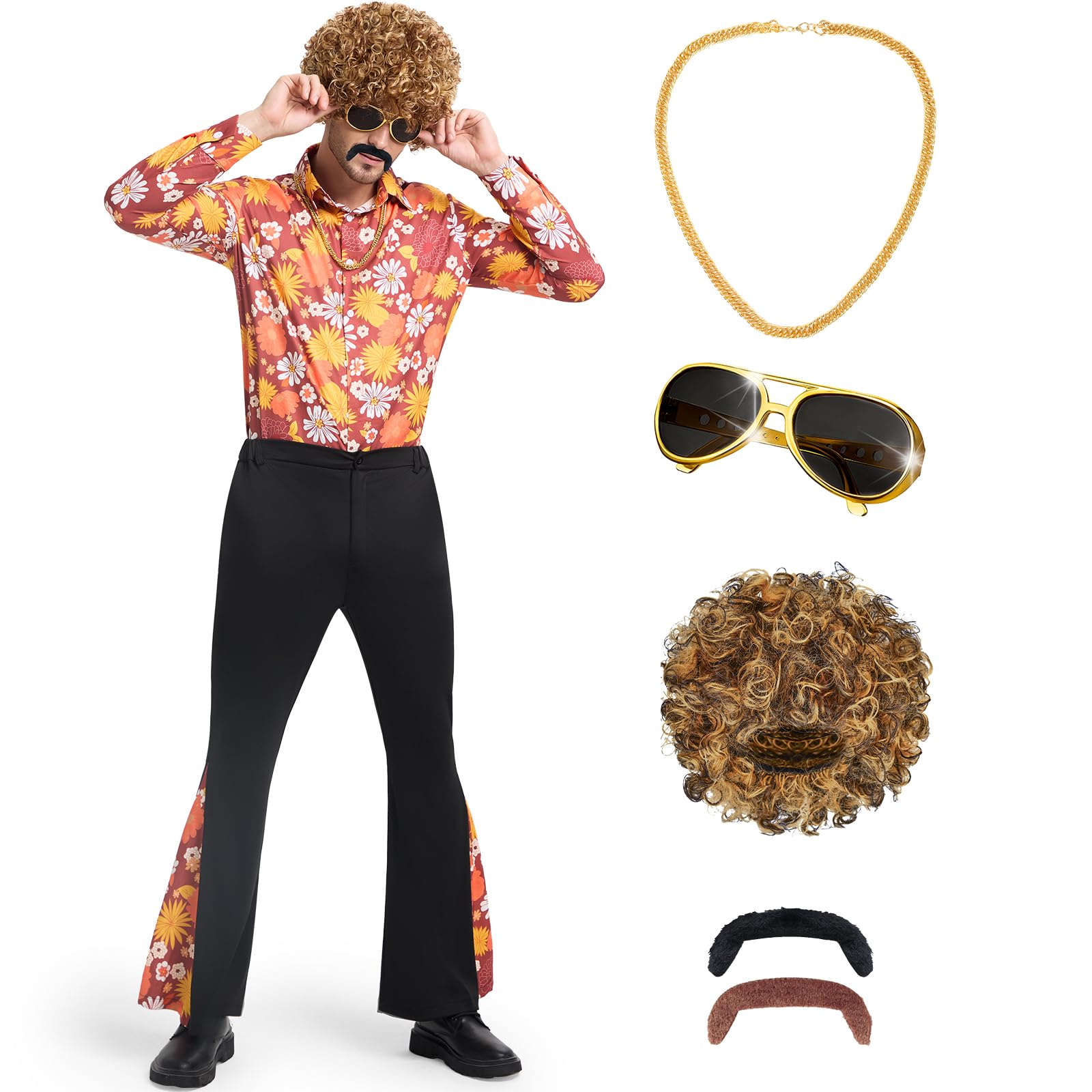 Disfraz Años 70 Hombre, 7 Piezas Disfraz Hippie Hombree con Peluca, Camisa, Pantalones de Campana y Accesorios de Disco para Carnaval Halloween y Fiesta Temática