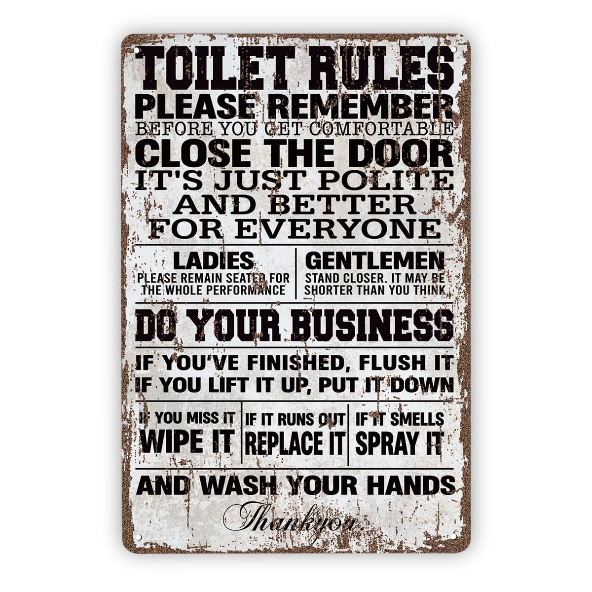 peiyeety Funny Vintage Metal Tin Signs, Toilet WC Sign, Bathroom Sign, Metal Wall Door Signage, Washroom Toilet Rules Vintage Retro Tin Plaque Housewarming Gift 12x8 Inches
