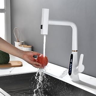 Grifo de Cocina Fregadero, Grifo Cocina Extraible con 3 Modos, Cascada, Pantalla Digital LED, Grifo para Cocina Giratorio 360° para Agua Caliente y Fría, 59A Cobre (Blanco)