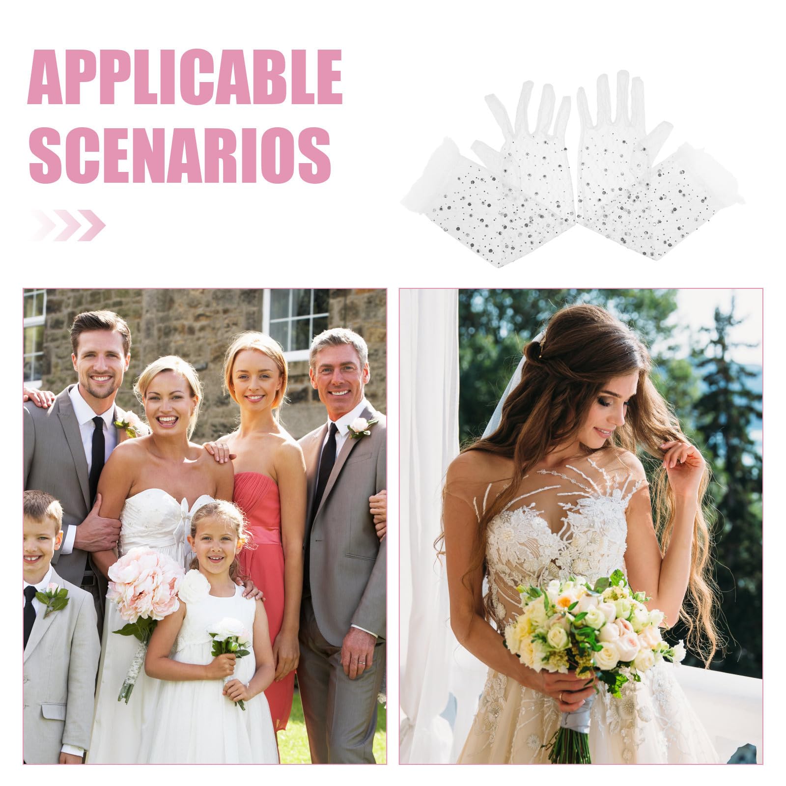 Abaodam 3 Pares Guantes Largos de Encaje Blanco Brillantina y Tul, Diseño Elegante Ribete Blanco, Ligeros y Versátiles para Bodas y Ocasiones Obsequios