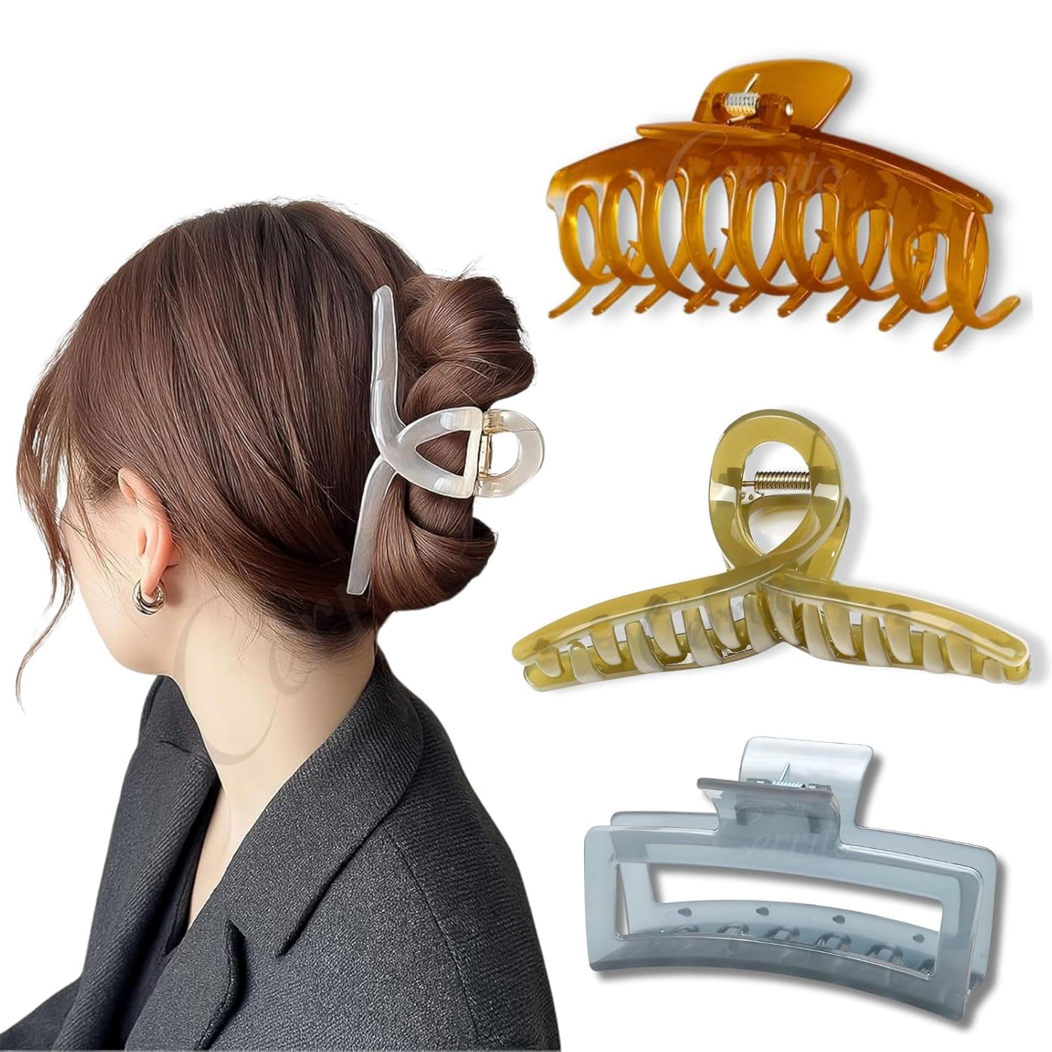 Cerrito 3 Pcs Big Hair Claw Clips, Large Round & Rectangle Clutchers for Hair, Strong Hold Nonslip Jelly Clip Hair Accessories for Women & Girls with Thick, Thin, Curly, Straight, Multicolor