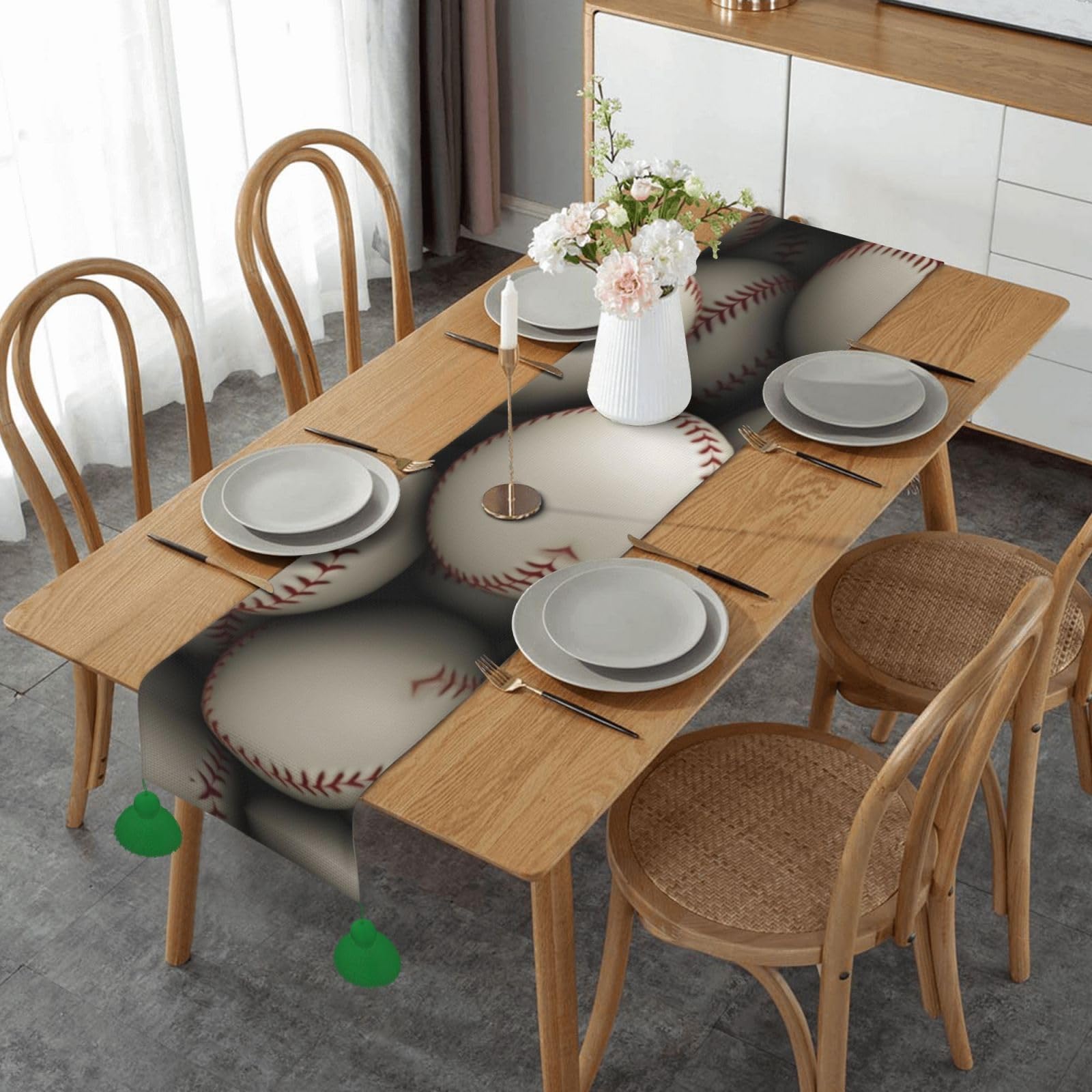 Chemin de table imprimé baseball rustique avec pompons 35x152 cm