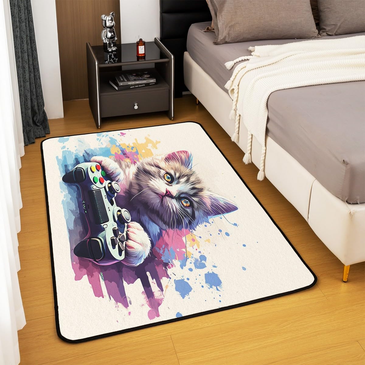Loussiesd Dywan do salonu dla graczy, 100 x 150 cm, gamingowy dywan akcentujący dla chłopców, dziewcząt, nastolatków, nowoczesny kontroler konsoli do gier, mata podłogowa, joystick, beżowa, fioletowa,