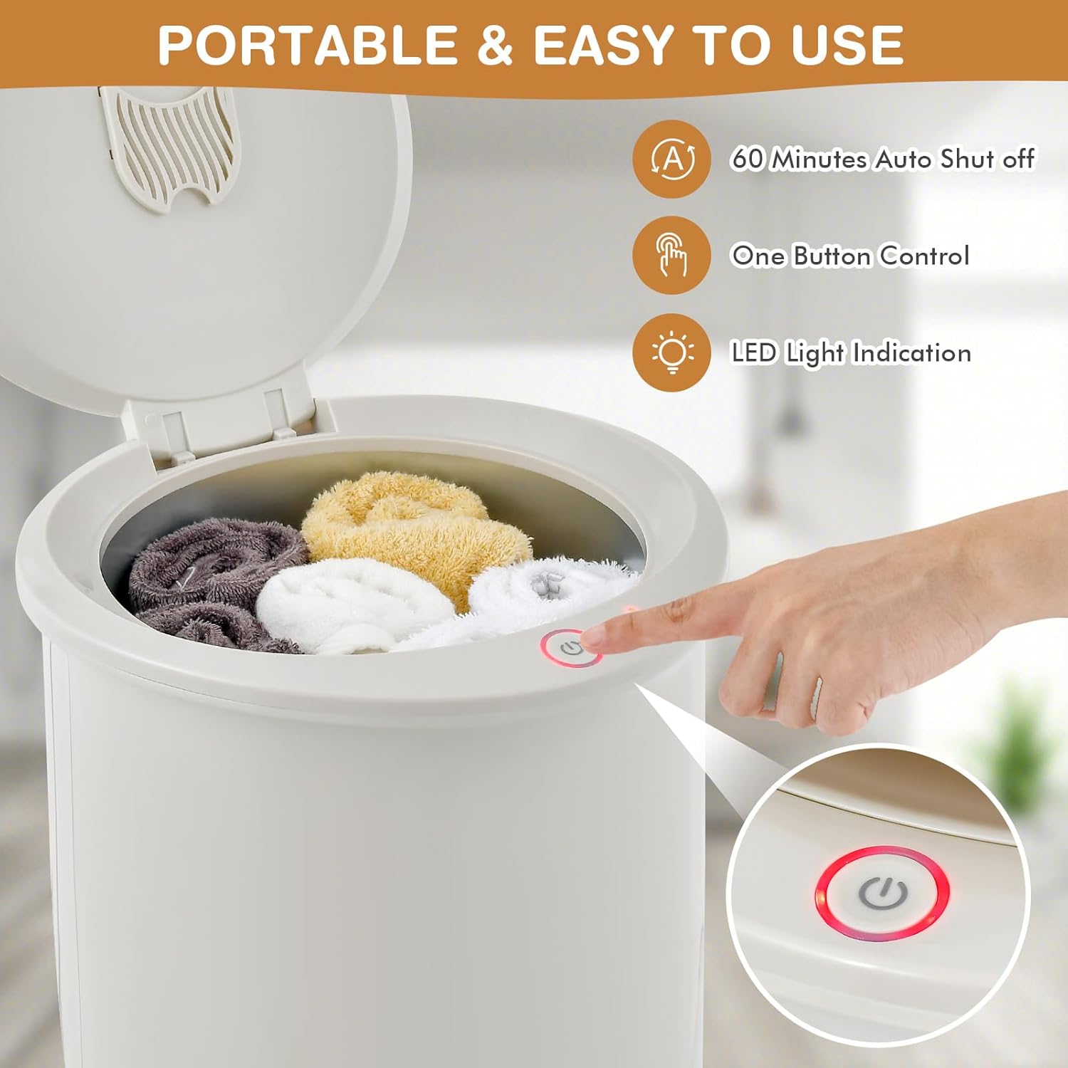Hand pressing power button on towel warmer