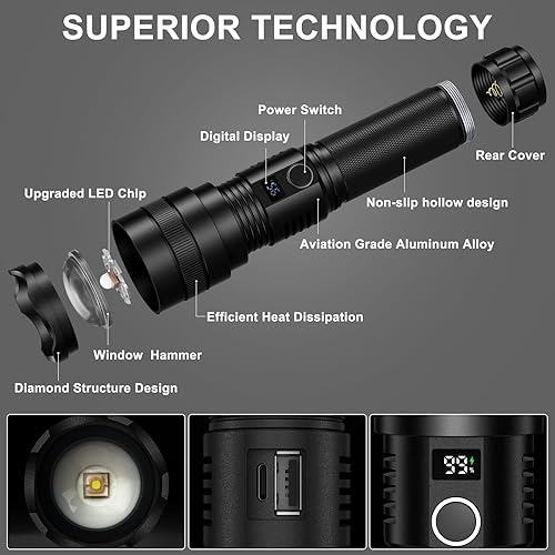 Miniatura 8 de GISAEV Linternas LED recargables de alto lúmenes 900.000 lúmenes súper brillantes y potentes luces de flash con pantalla digital, 5 modos, linterna