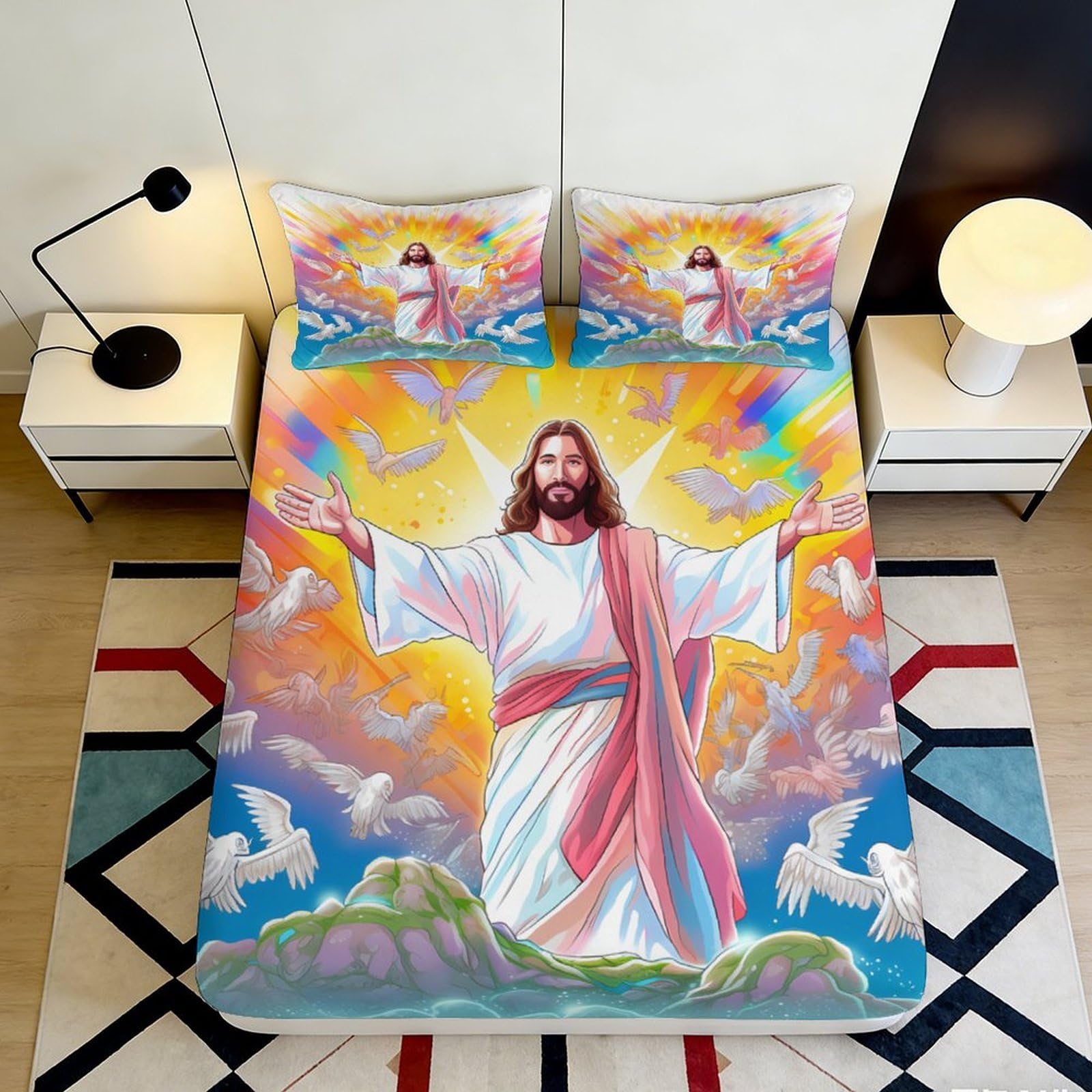 3D Printed Jesus Resurrection Fitted Sheet Microfiber Bedroom Decor Sunrise Clouds Mattress Cover for Home Guest Room 90x200x25cm