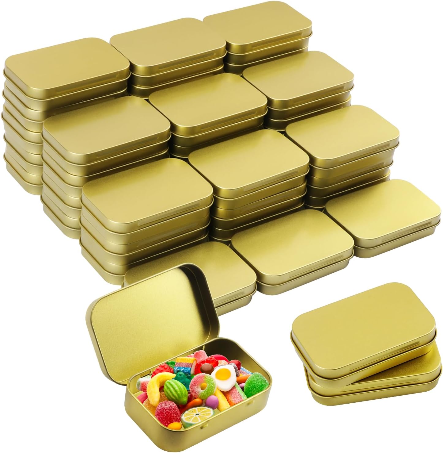 40 Pack 3.8 Inch Metal Tins with Hinged Lid, Rectangular Hinged Tins for Candles, Keys, Cosmetics, Candy, Jewelry, Craft (3.8 x 2.45 x 0.8 Inch, Golden)