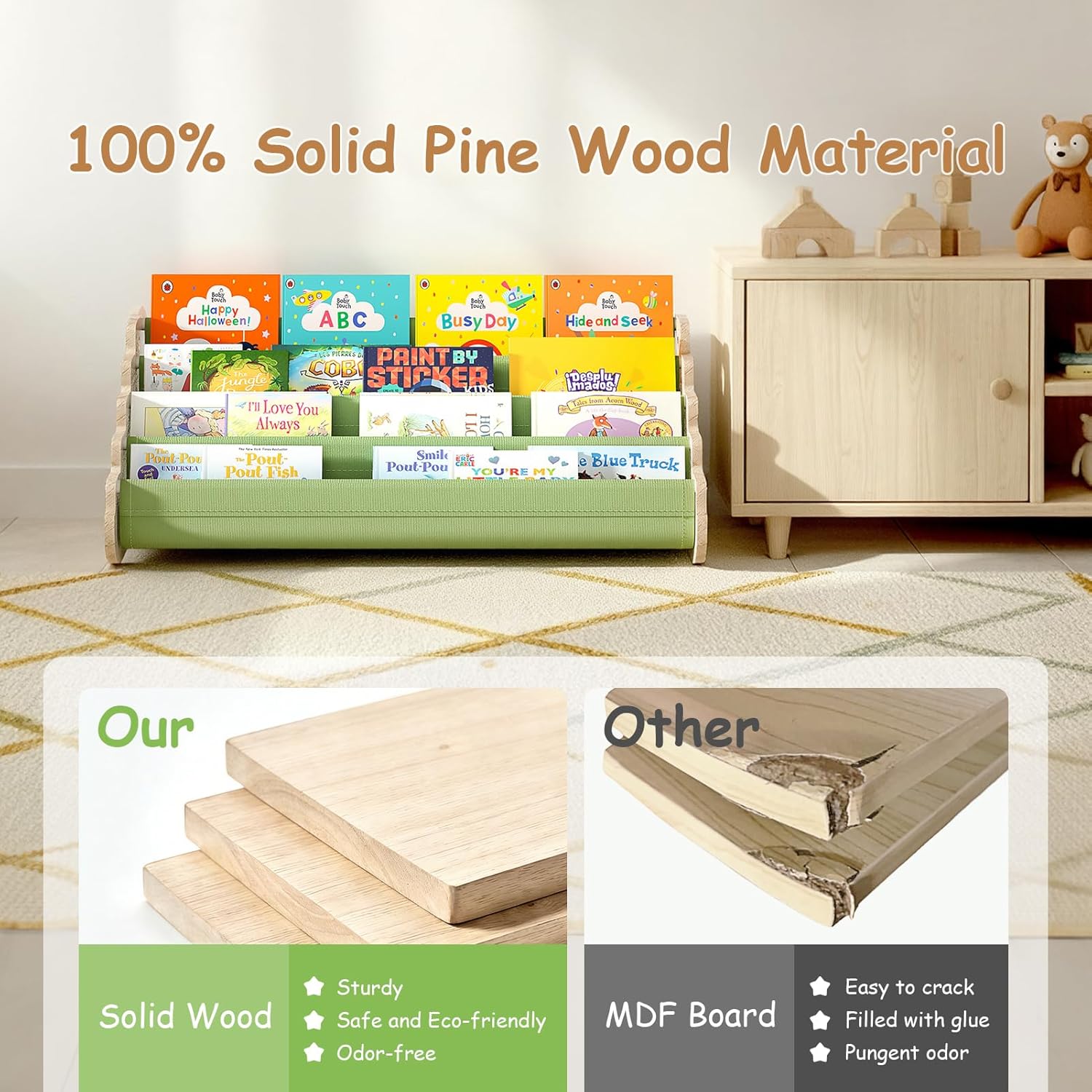 LAMU Kids Bookshelf, 4 Tier Solid Pine Wood Toddler Bookshelf, Book Shelf for Kids Rooms, Portable Montessori Bookcase, Childrens Book Storage Display for Baby's Bedroom Nursery Playroom (Dinosaur)