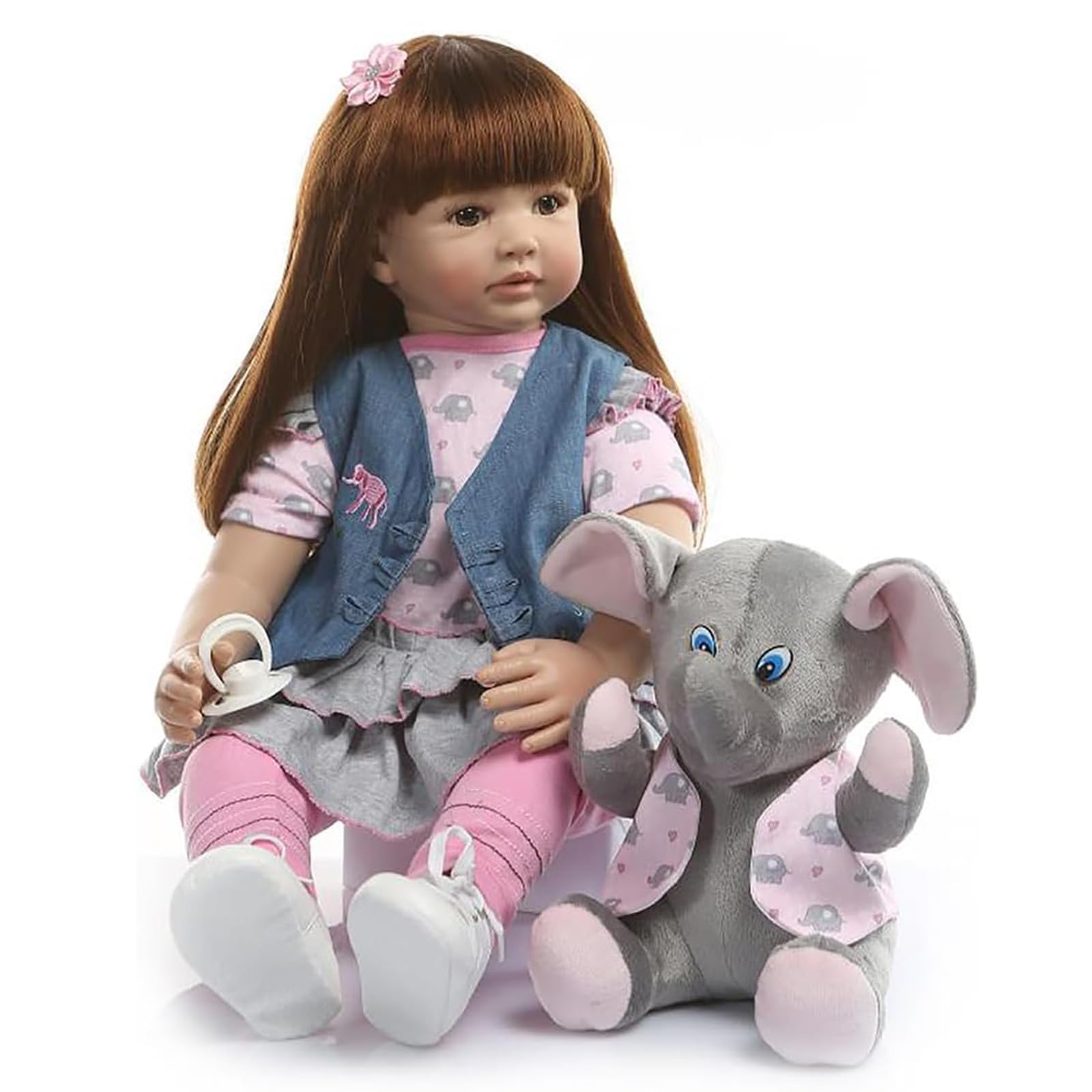RUNGQIANY Realistic Baby Doll with Plush Elephant Toy, 50 cm, Pink, 60 cm