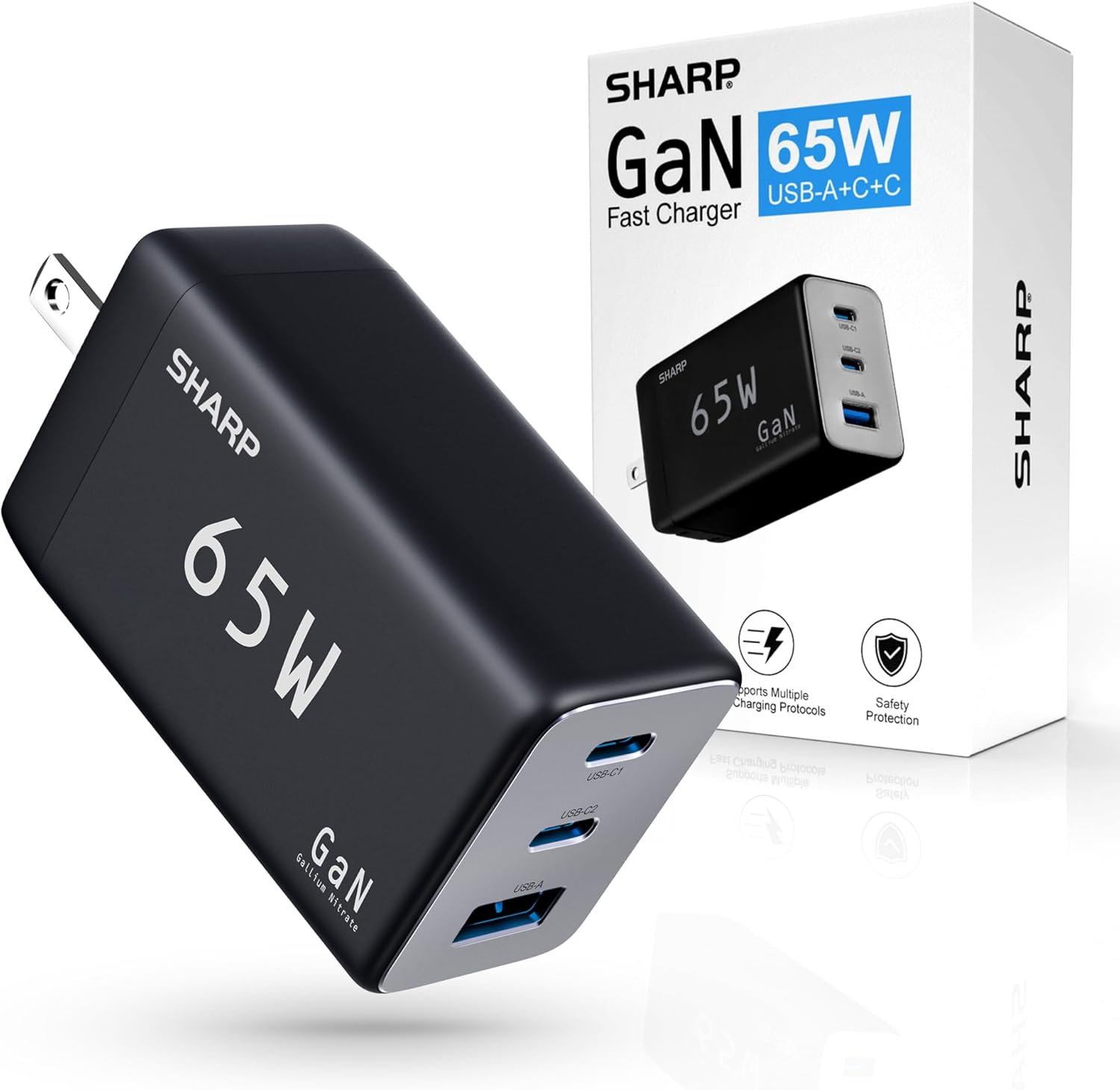 Sharp USB C Charger, 65W, 3 Port (USB 1A+2C), Compact Foldable GaN Fast Charge for MacBook Pro/Air, iPad Pro, Galaxy S23, Dell XPS 13, Note 20/10+, iPhone 15/Pro, and More - Black