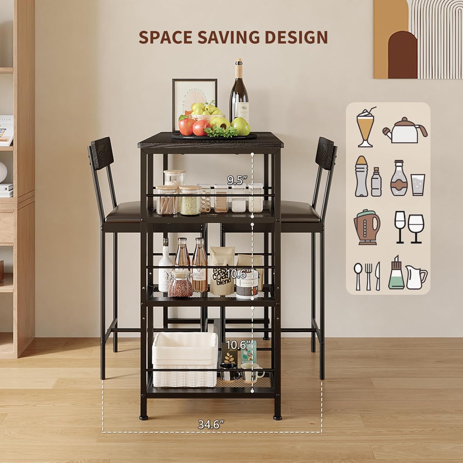 3-Piece Modern Dining Set, Dining Table Set with 2 Upholstered Bar Stools,Bar Table Set w/ Metal Frame&Built-in Wine Rack for Kitchen Dining Room Apartment Breakfast Nook 36"Lx 16.7"W x 37.2"H Black