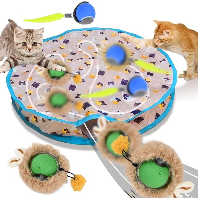 2 Pelotas Gatos Interactivas Automático con 1 Alfombra de Juego