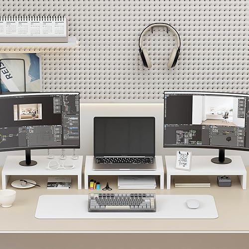 Miniatura 2 de TEAMIX Soporte elevador para monitor, paquete de 3 unidades, de madera, de 3 niveles, ajustable, doble monitor para 2 monitores, laptop, PC, soporte