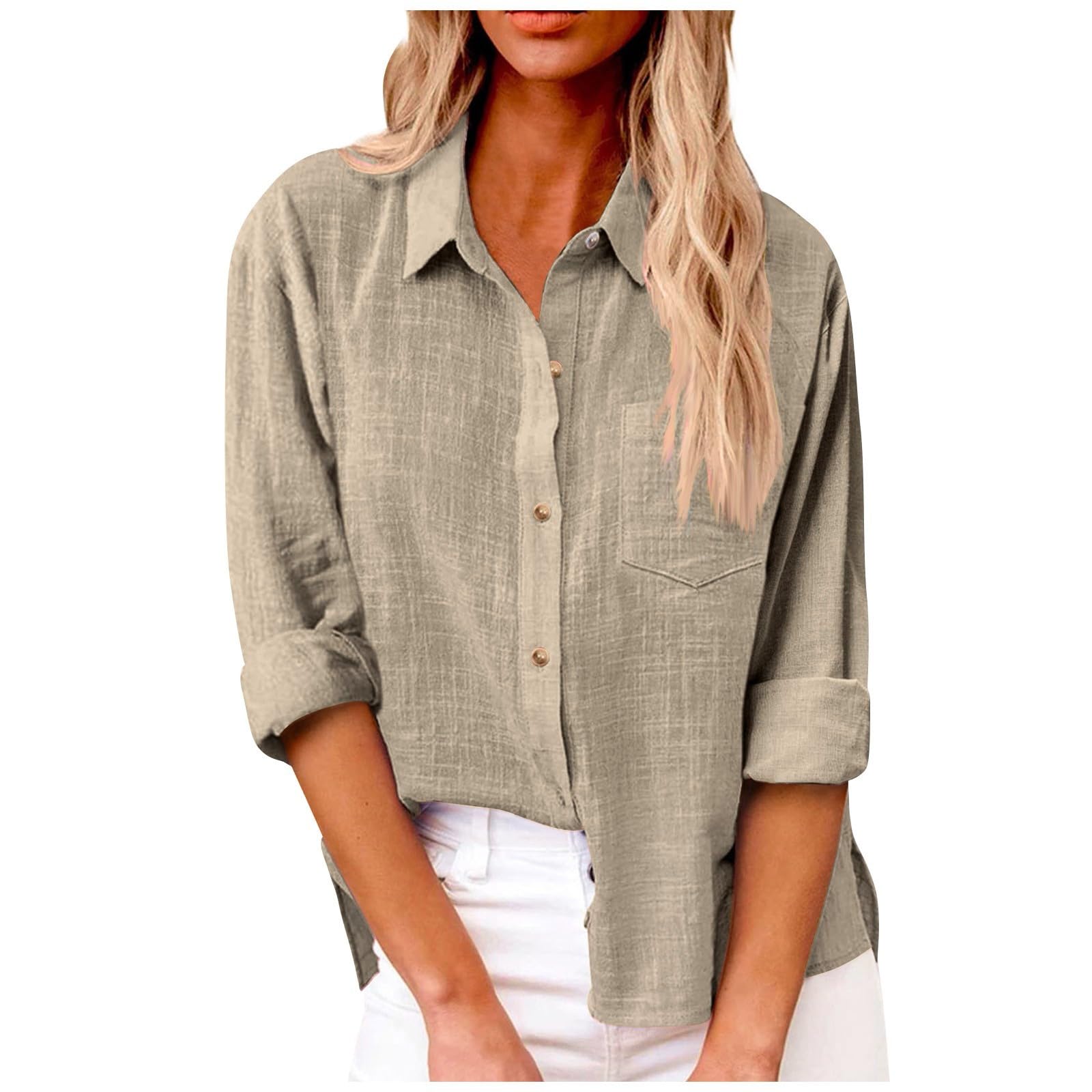 Linen Shirts for Women Summer Long Sleeve Lapel Button Down Shirt Lightweight Gauze Tops Loose Casual Blouses Clothes