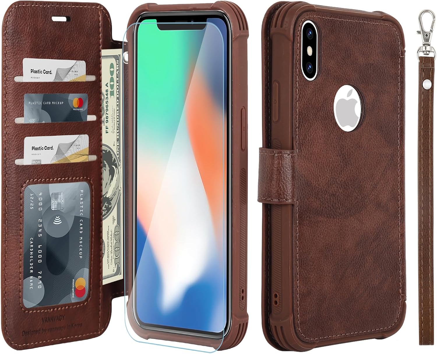 VANAVAGY Compatible for iPhone X/XS/10 Wallet Case, PU Leather Flip Phone Case Cover with Wrist Strap for Wireless Charging with RFID Blocking Card Holder Screen Protector,Brown