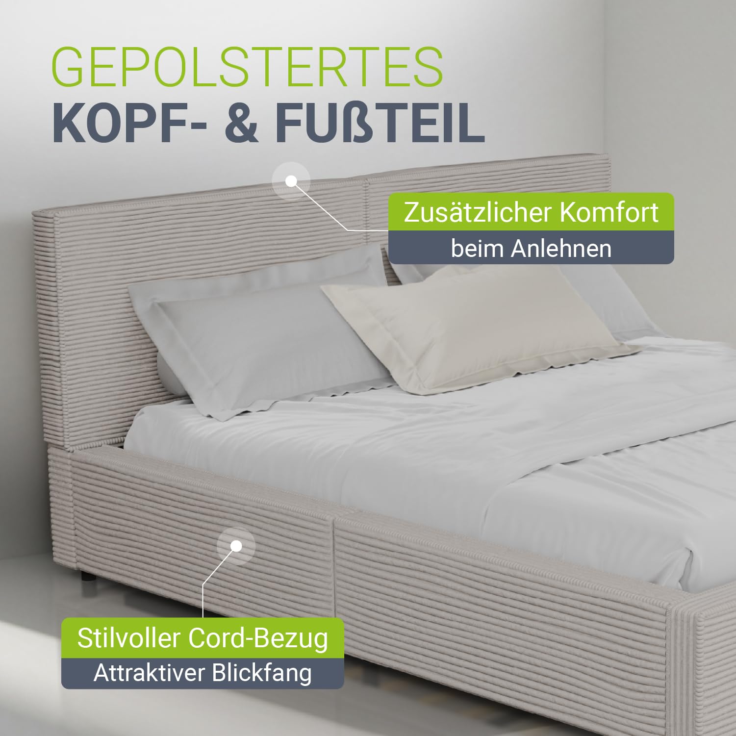 Juskys Polsterbett Salerno 180 x 200 cm mit Matratze – Cord Taupe, modernes Bett mit Kopf- & Fußteil, stabilem Holz- & Metallrahmen, Lattenrost, 500 kg Tragkraft