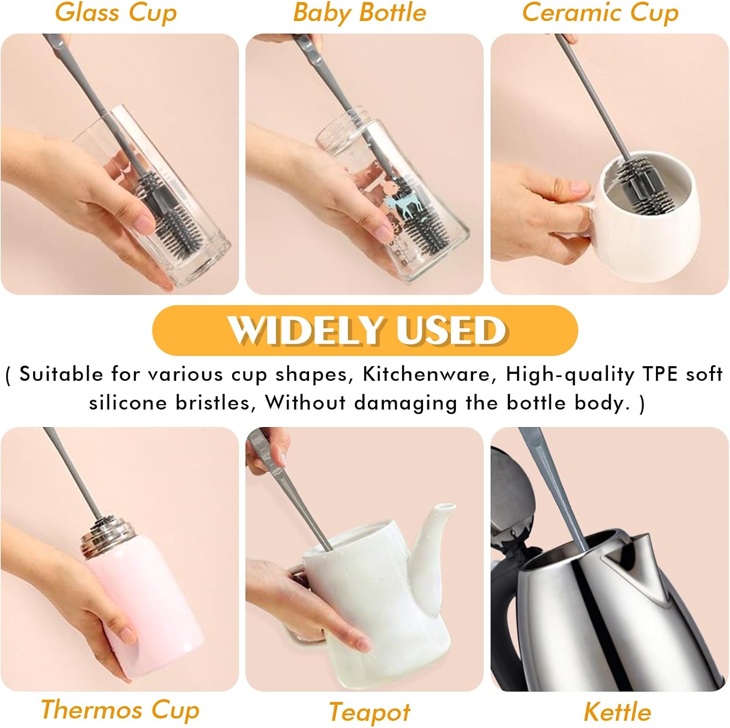 Silicone Bottle Brush 5PCS Cup Brushes 10.62" Long Handle Bottle Scrubber for Baby Bottle, Glassware, Vase, Water Cup Cleaner Brush