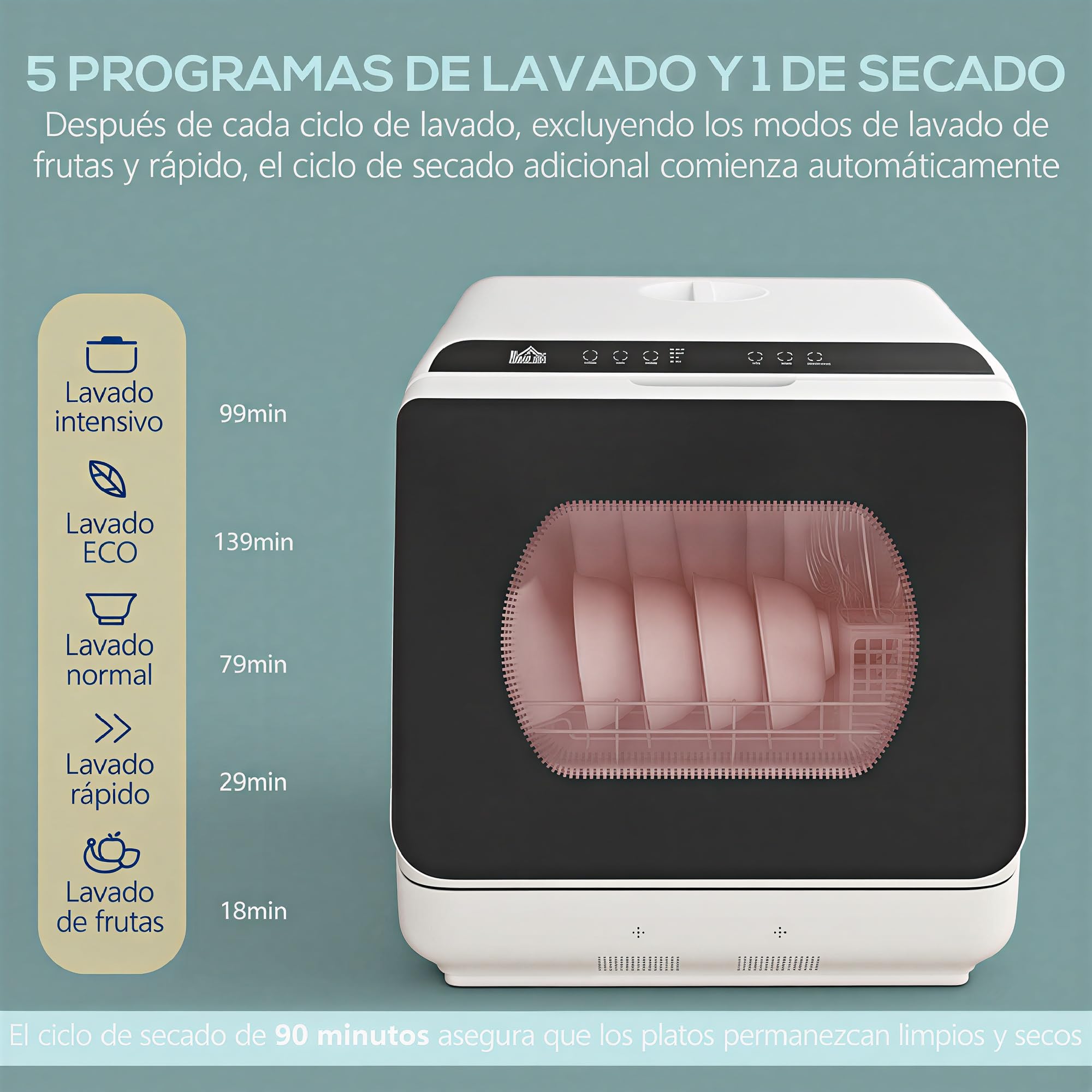HOMCOM Lavavajillas de Encimera Pequeño con 5+1 Programas, ECO, Depósito de Agua 6L, Dos Modos de Suministro, Pantalla LED para Cocina y Apartamentos
