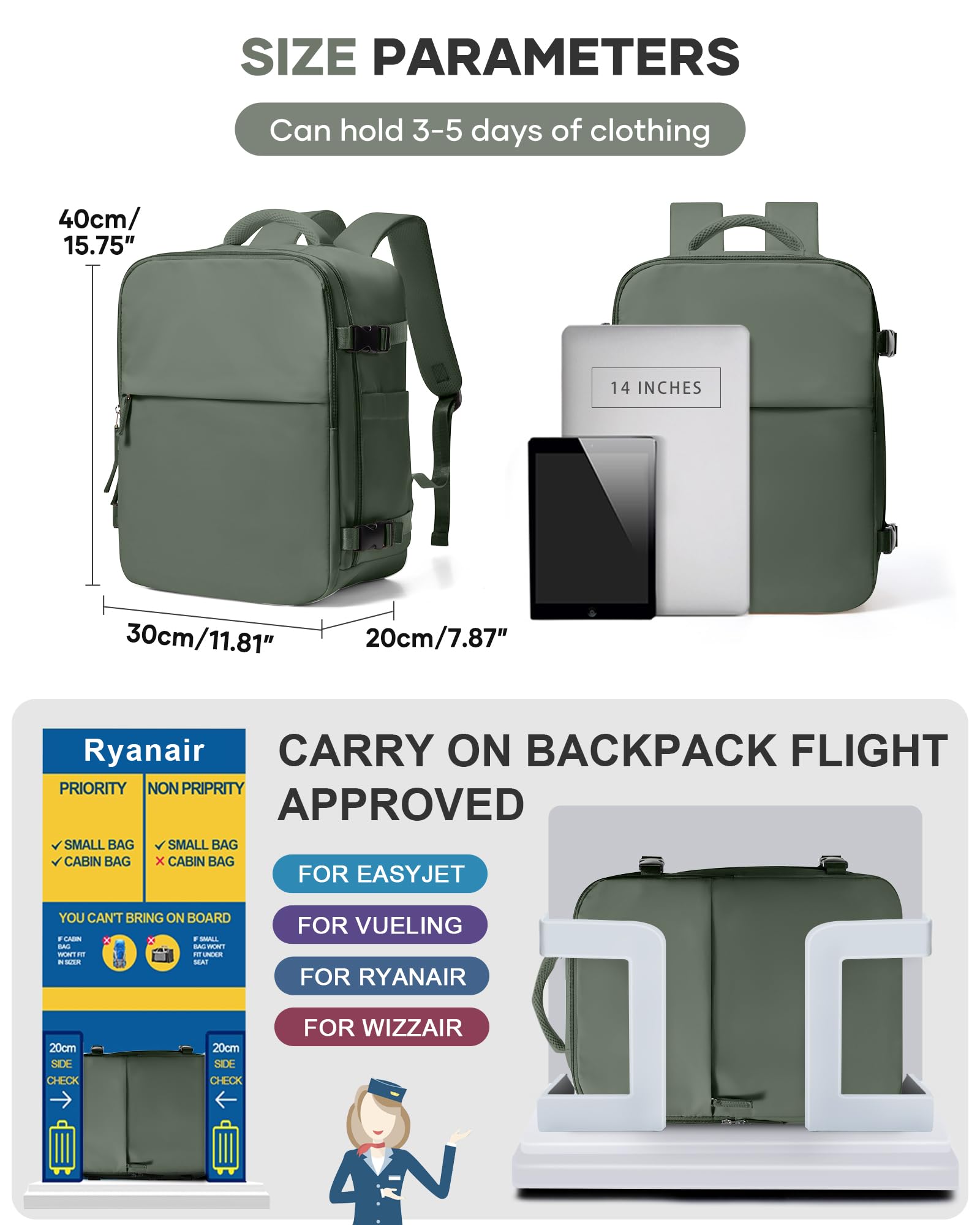 BJLFS Zaino da Viaggio con Sottovuoto Ryanair 40x30x20 Wizzair Bagaglio a mano 40x20x25 Ryanair con Pompa Borse da Cabina per Easyjet 45x36x20 con compressione sottovuoto,Zaino Casual per Laptop