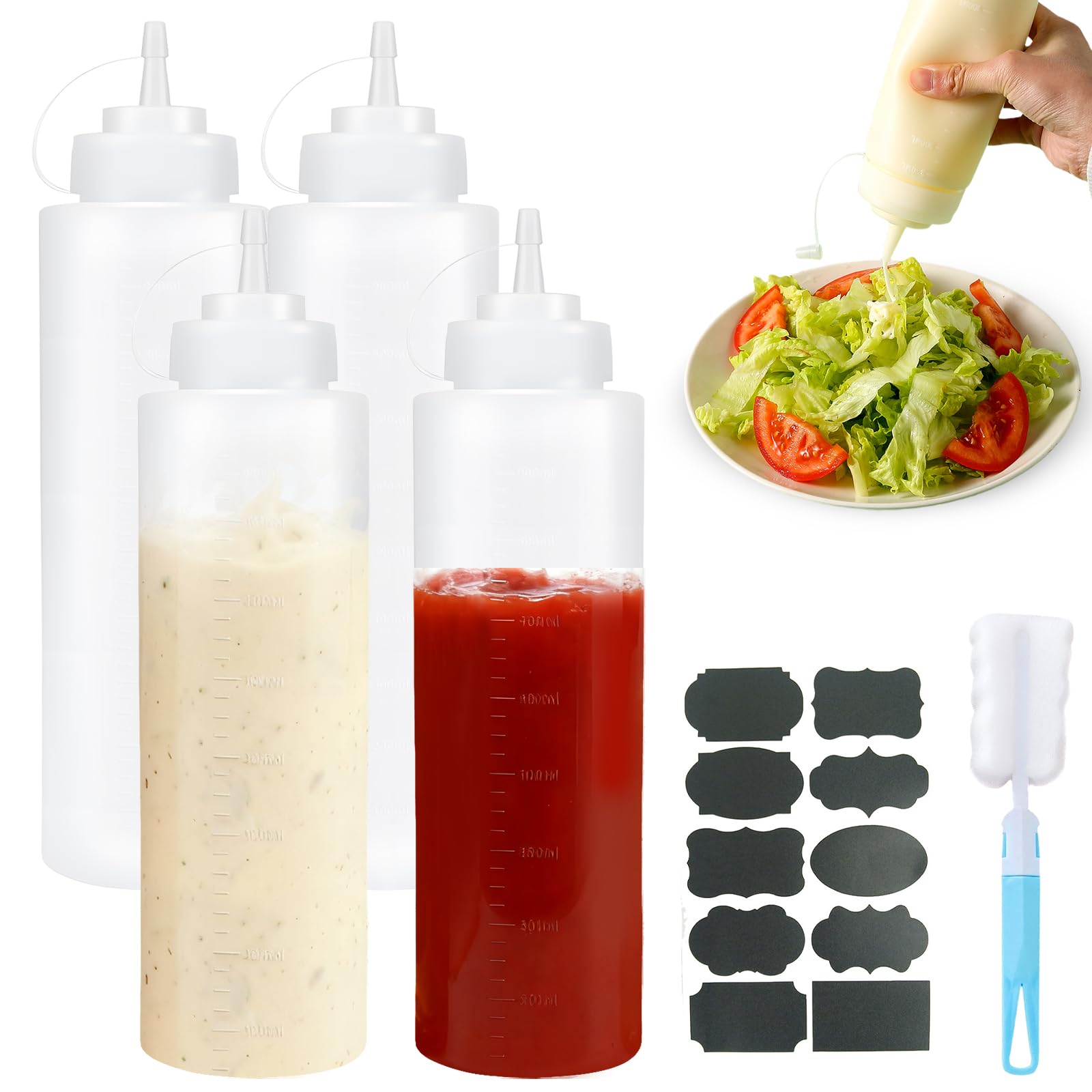 BJHYIZ 4 Pcs 1000ml Squeeze Bottles, Sauce Bottles Squeeze Plastic Condiment Bottle Squeezy Condiment Dispense Squirt Bottle Oil Container for Sauces Ketchup Barbecue