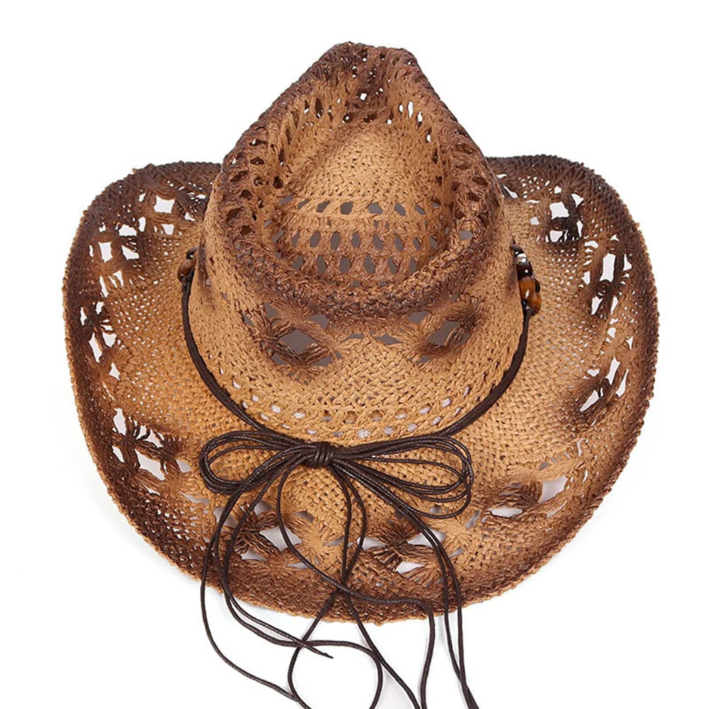 Stroh-Cowboy-Hut für Damen und Herren, Western-Cowboy-Hut, Stroh-Cowboy-Cowgirl-Hut für Herren und Damen, breite Krempe, hohl, atmungsaktiv, Sonnenhut mit Perlenbesatzband, Western-Stil f
