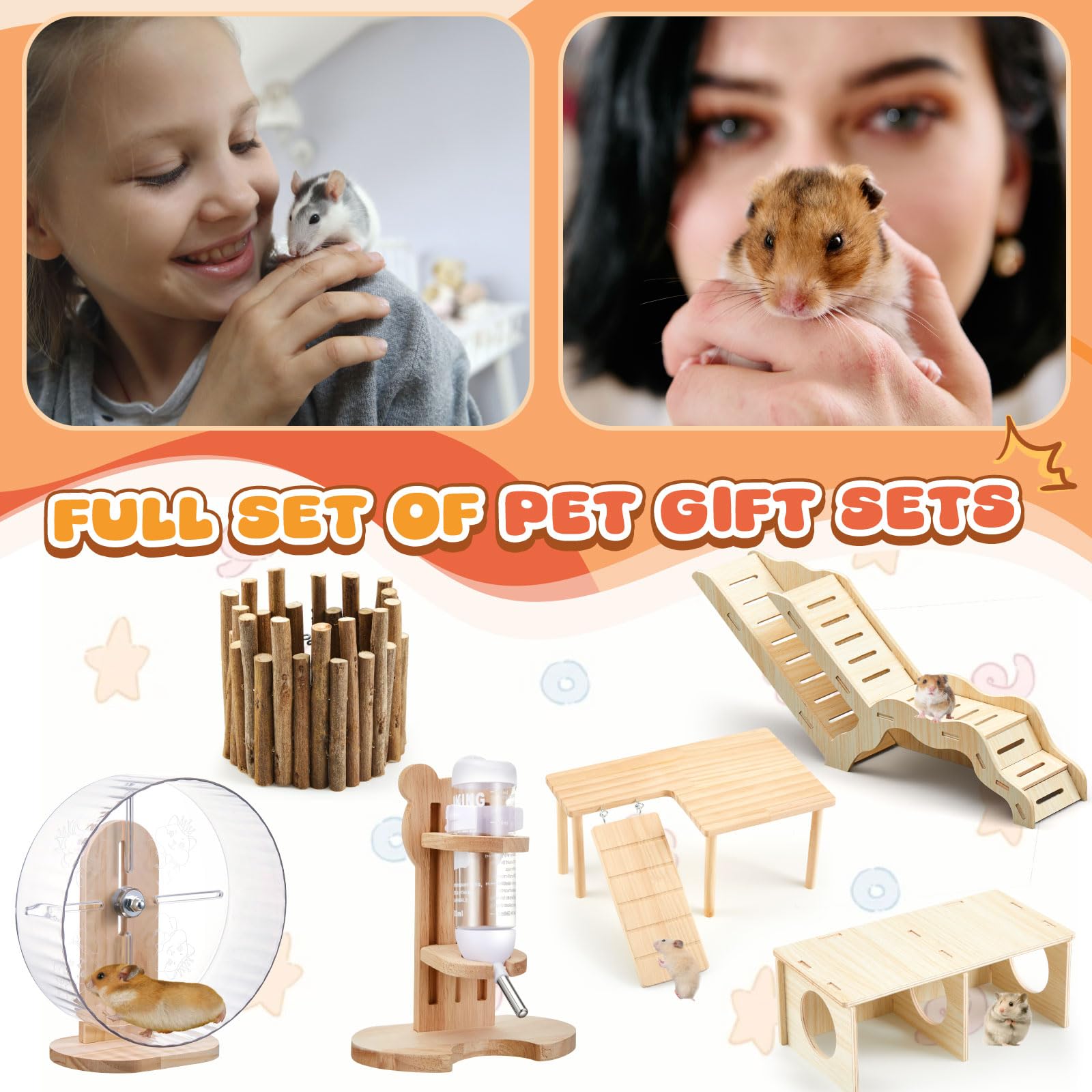 Hamster-Spielzeug-Set, Labyrinth-Holzhaus, Kletterleiter, Holzbrücke, Tunnel, Spielzeugplattform, leise, Laufräder und Wasserflasche, Set für Ratten, Meerschweinchen, Lebensraum (Standard