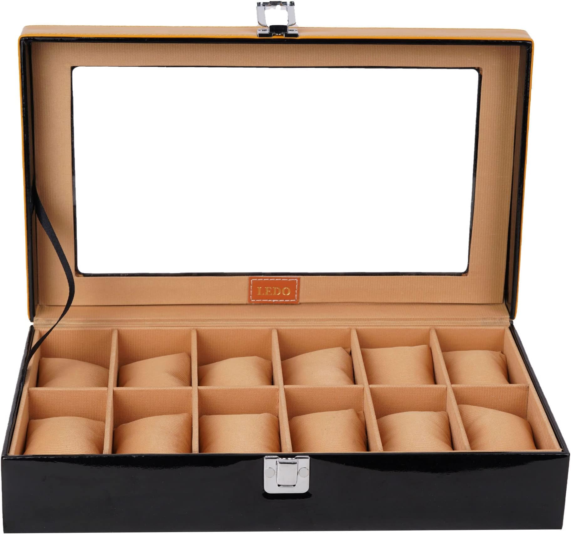 LEDO Watch Box Case Organizer in 12 slots of Watches for Men and Women with Transparent Look Display(Wood, Faux Leather & Glass)