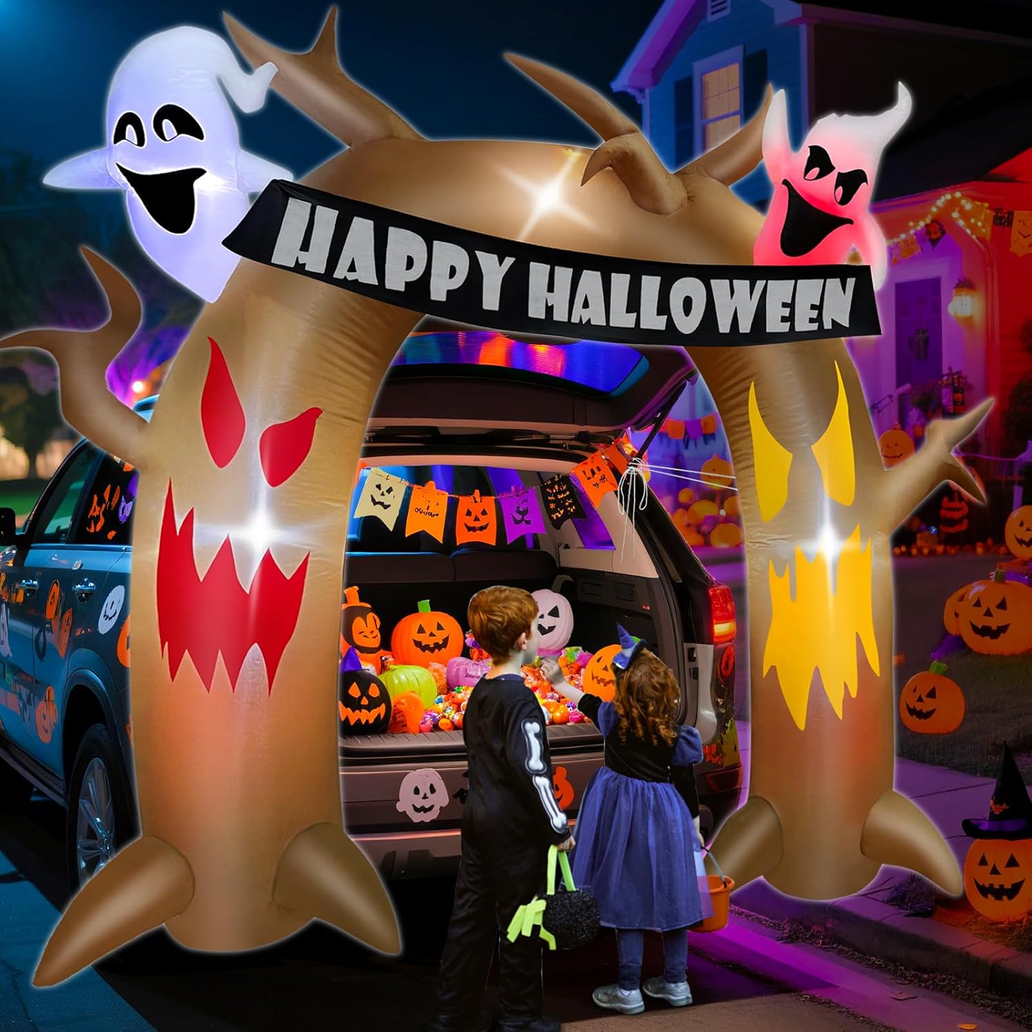 TURNMEON 5 Ft Halloween Inflatable Outdoor Decorations, Trunk or Treat Car Decorations, Halloween Blow Up Dead Tree Arch with Haunted Ghosts Hold Banner Build-in LEDs for Outdoor Decor