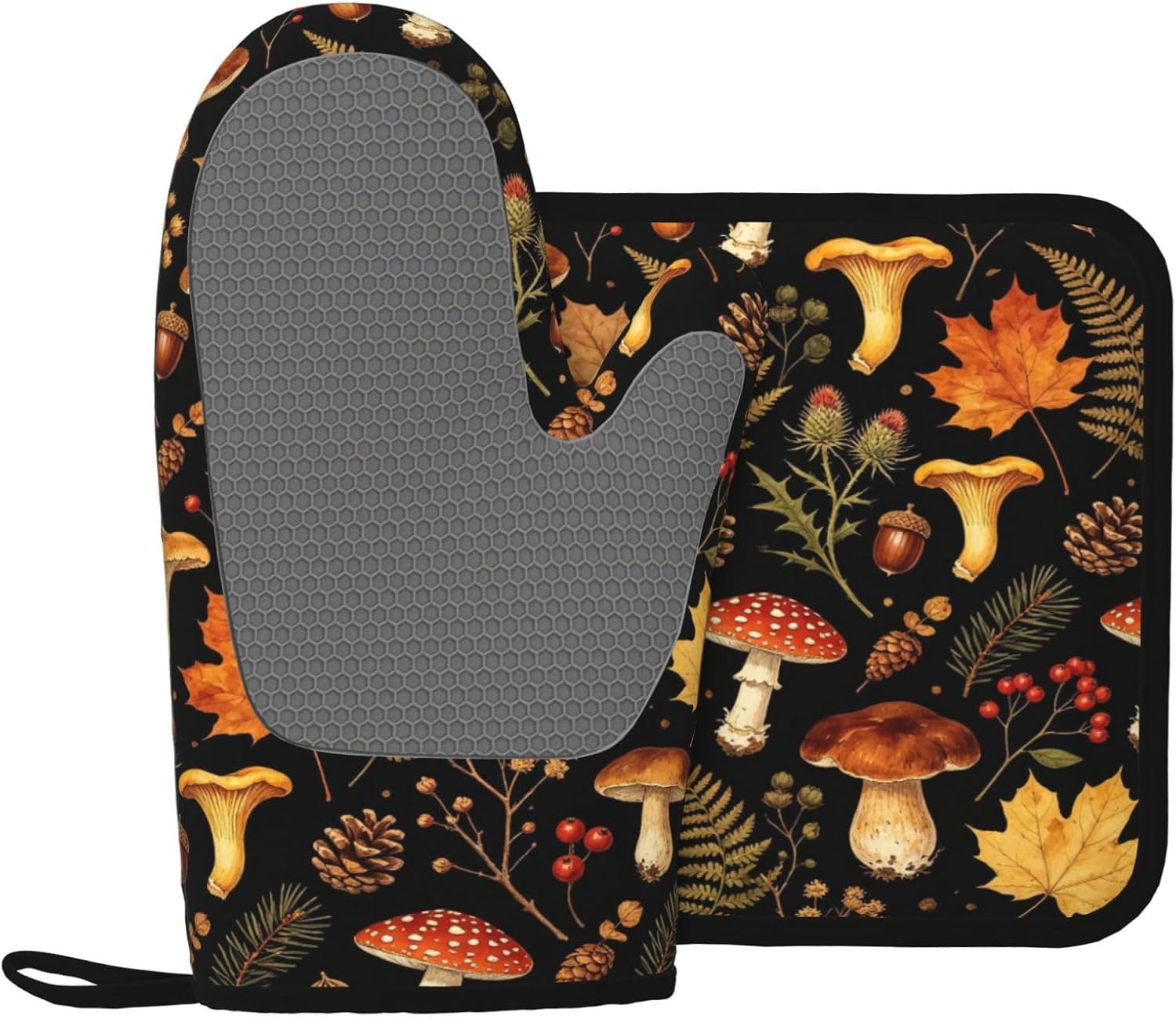 Vintage Botanical Mushroom Oven Mitts and Pot Holders Sets of 2