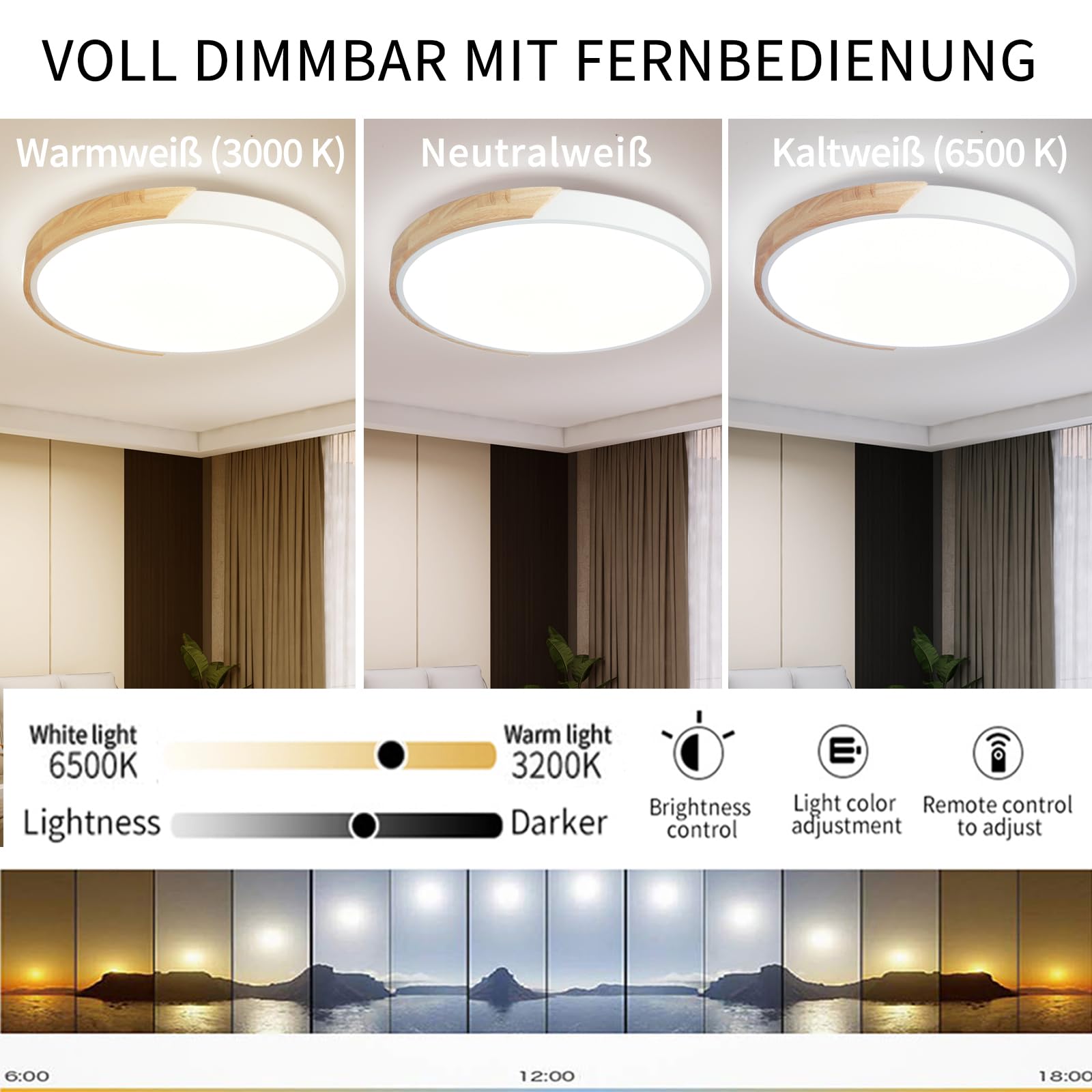 Style home 36W LED Deckenleuchte dimmbar mit Fernbedienung Ø40x4cm Holz