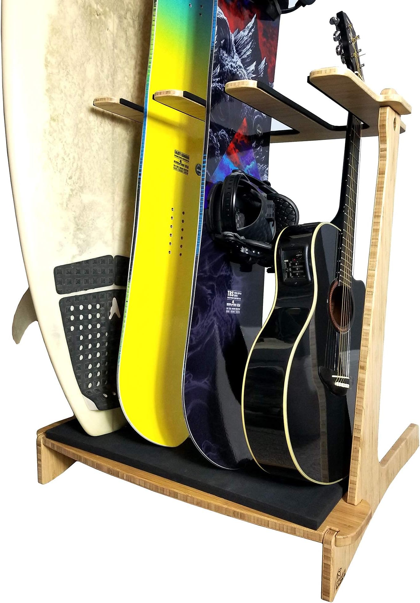 Grassracks Premium Freestanding Vertical Surfboard Rack - Masterfully Crafted Bamboo Surfboard Stand for 4 Surfboards Wakeboards or Snowboards - 4 Guitar Stand (4 Boards or Guitars, Bamboo)