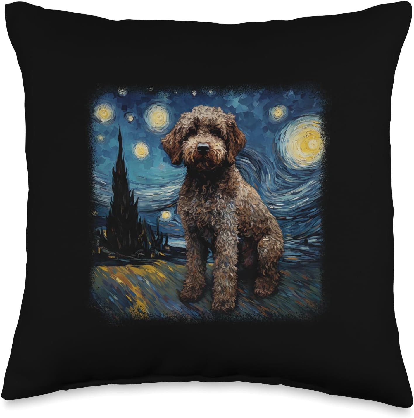 Dog in starry night van gogh Lagotto Romagnolo Throw Pillow