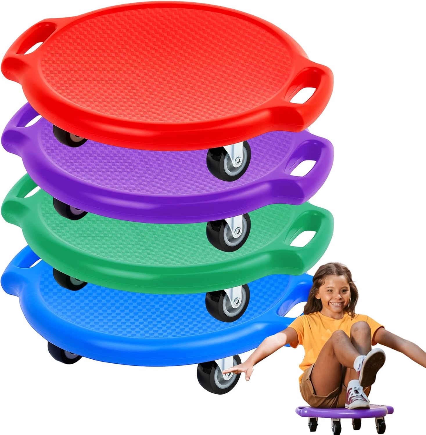 Soulchen Manual Sports Scooter Board with Handles, Sitting Scooter Board with Universal Wheels for Home Gym Indoor Outdoor Activities Play Equipment